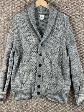 Gap Cardigan Sweater Mens L Gray Shawl Fisherman Grandpacore Academia Cable Knit